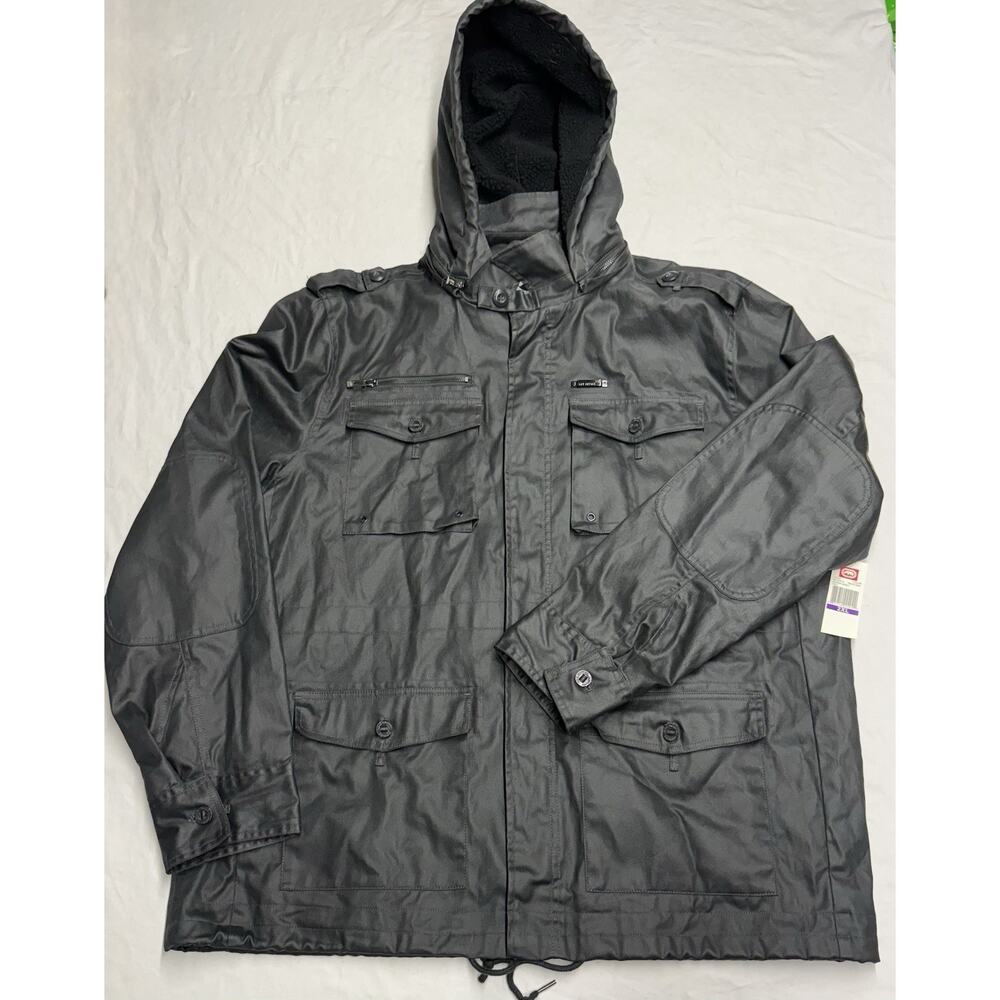 Y2K Ecko Unltd Bunker Jacket Mens XXL Zip Snap Buttn Hoodie Jacket Pirate Gray